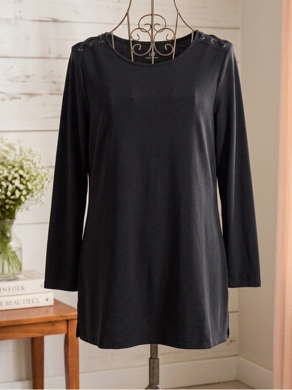 J. Jill Womens Pima Cotton Laced Shoulder Long Tunic Dress Black L Tall